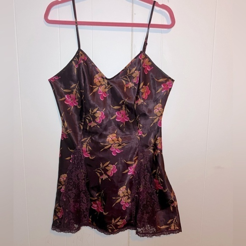 Victoria’s Secret Vintage Gold Label Brown & Pink Floral‎ Lace Detail Slip Dress